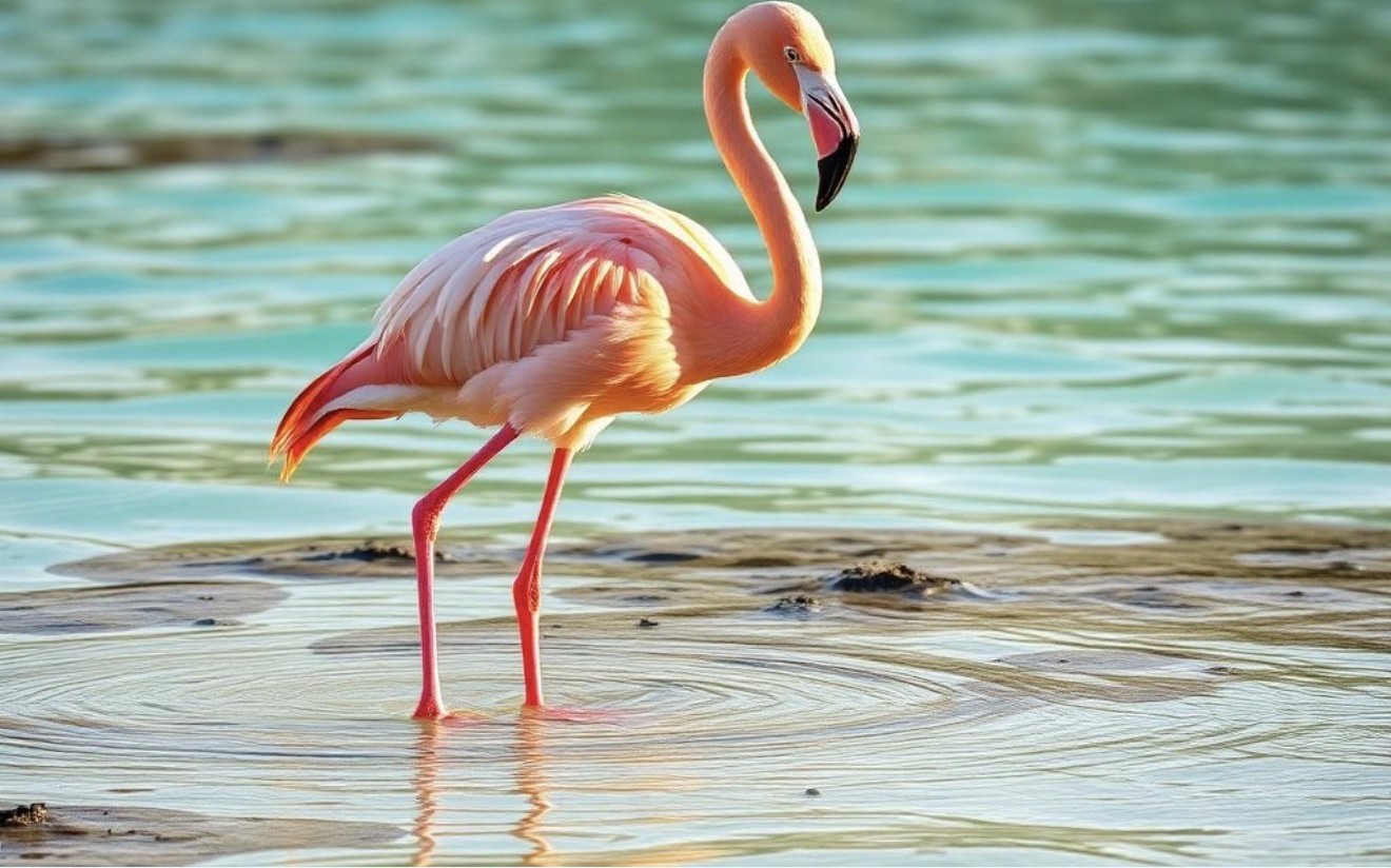A single bright pink flamingo wading in shallow turquoise water, long neck curved in an S.