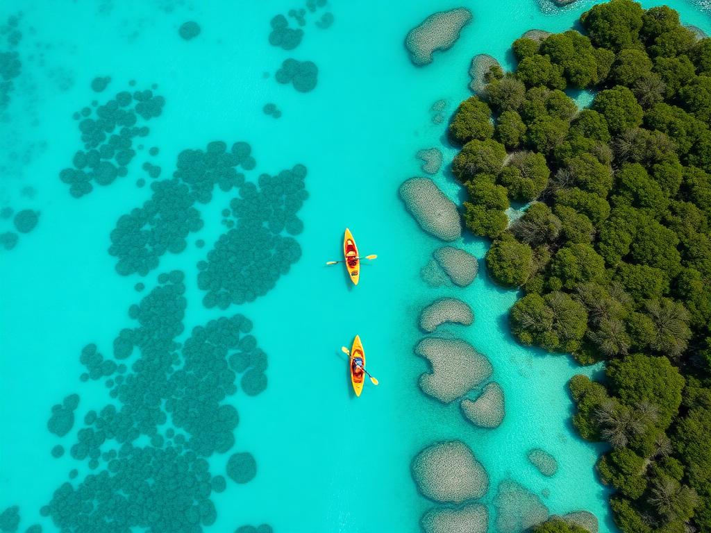 Aerial view of kayakers paddling through turquoise mangrove channels in Turks and Caicos