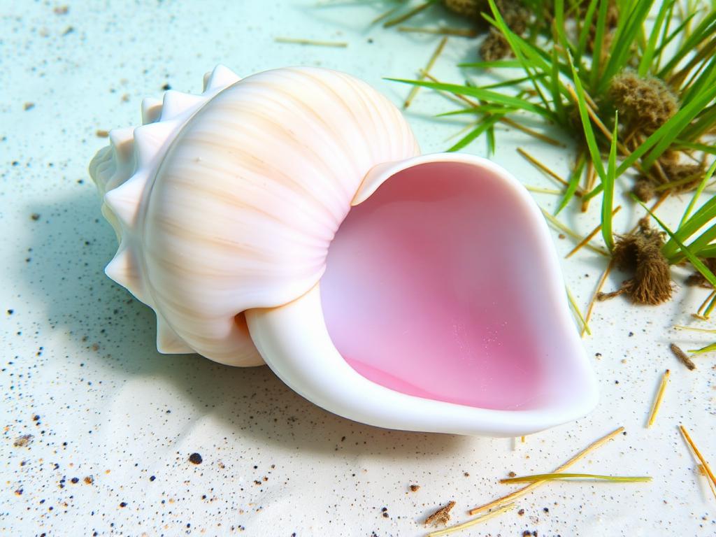 Large spiral shell with a flared, glossy pink lip — the iconic Caribbean sea snail resting on the seabed.