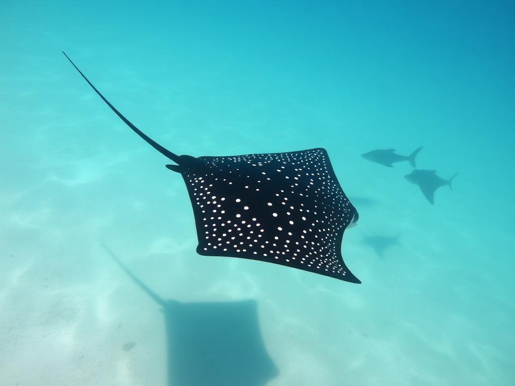 Dark ray covered in white spots with a long whip-like tail, soaring over a sandy seabed.