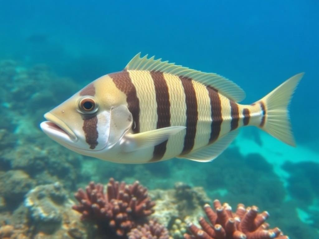 Stout reef fish with creamy sides and dark vertical bars, hovering close to the coral.