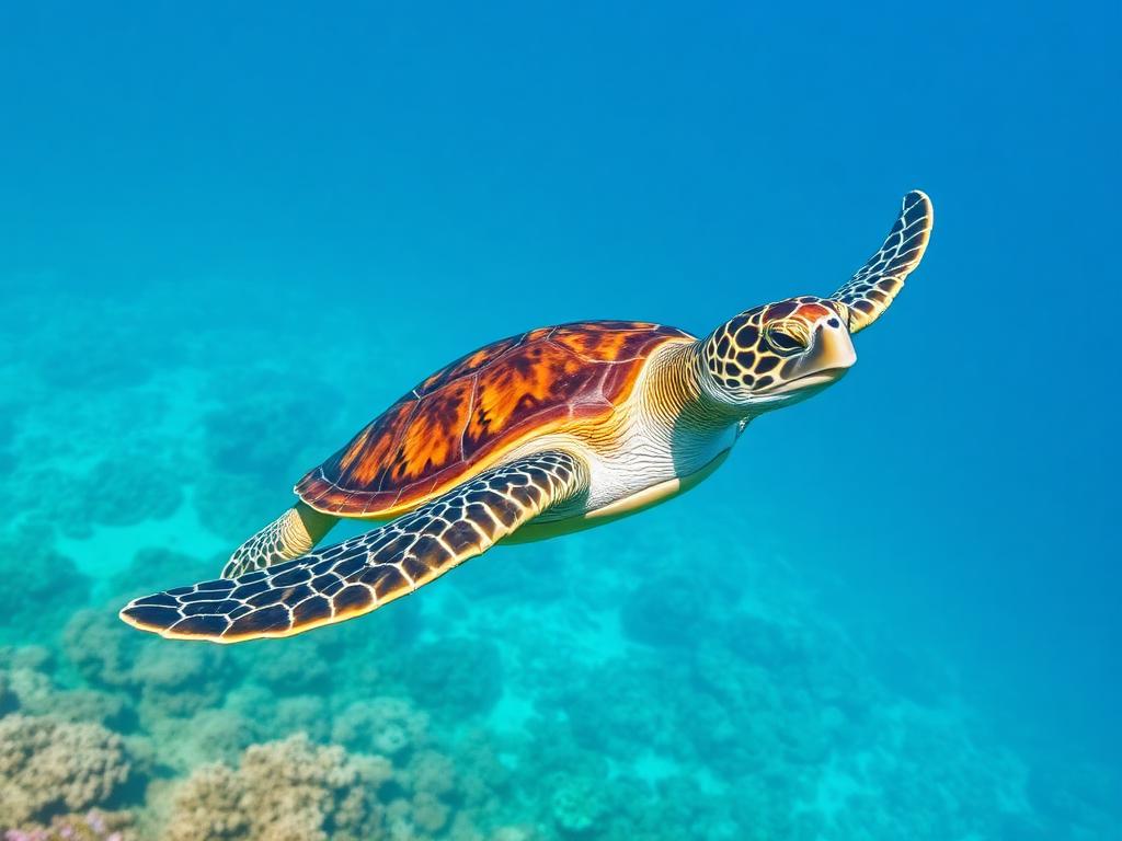 Sea turtle with a beautifully patterned amber-and-brown shell, gliding above a coral reef.