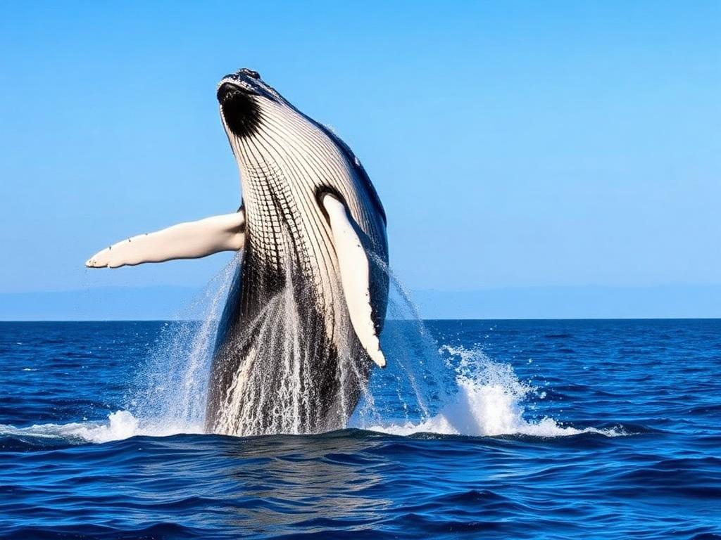Massive whale breaching out of the ocean, water cascading from its long pectoral fins.