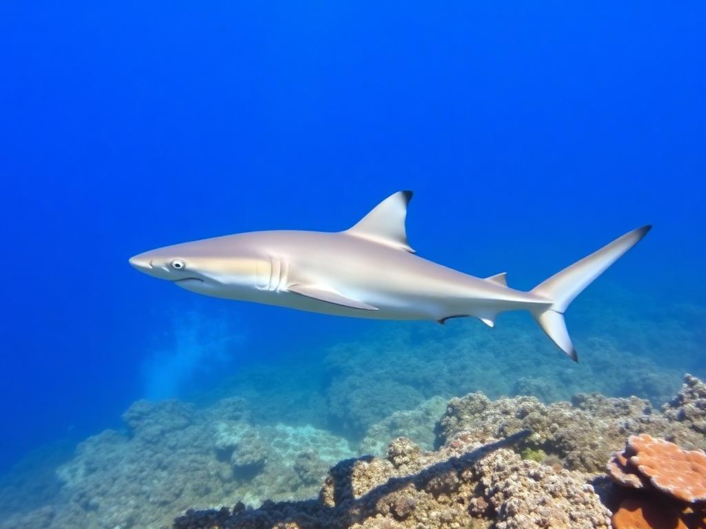 Sleek grey shark with a pale underside, cruising along the edge of a coral reef.